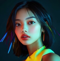 Obraz premium Young beautiful girl with unusual fluorescent highlights in her hair, hairstyle, stylized hairstyle. 
