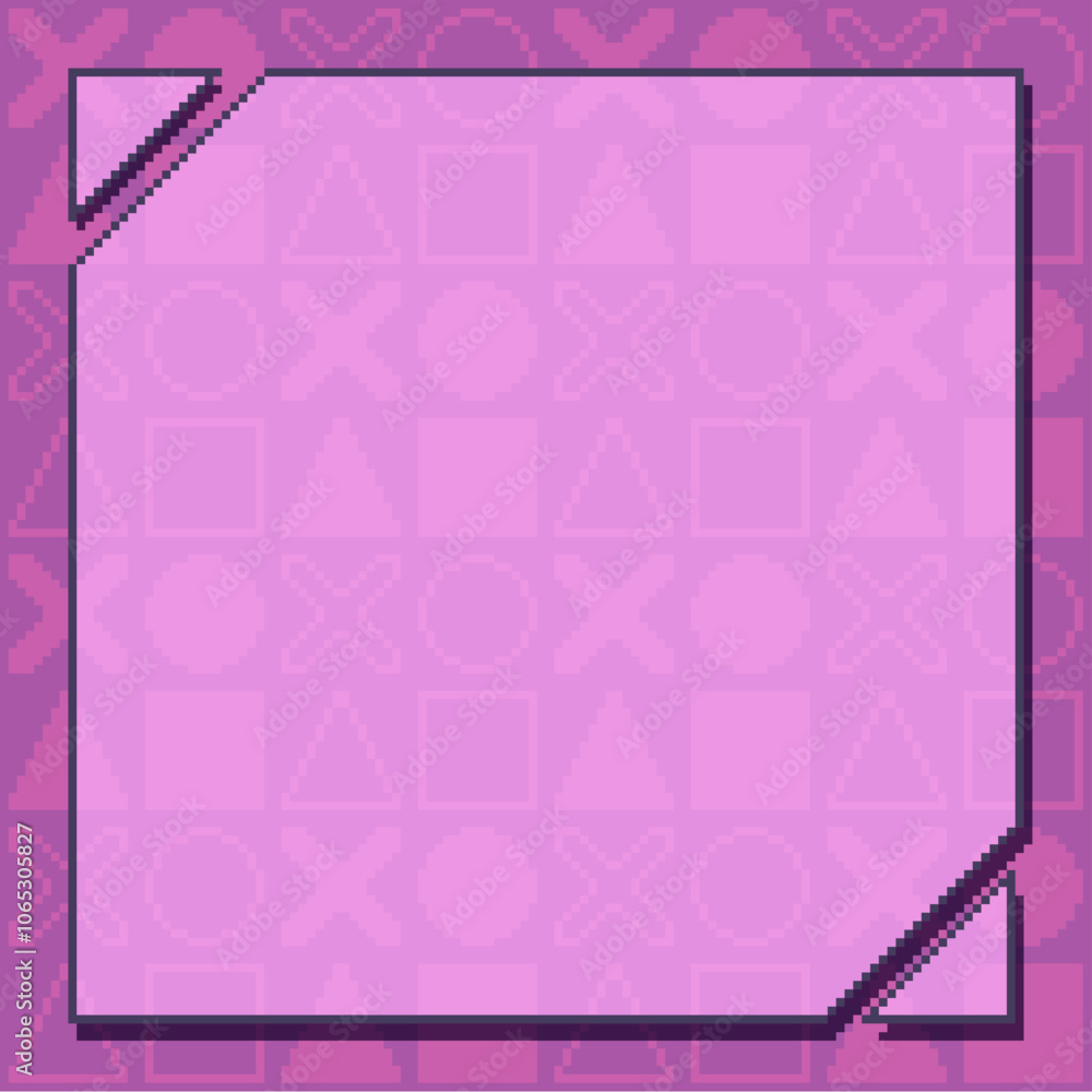 Poster purple blank glowing frame background with symbol in checkerboard patterns, pixel art style