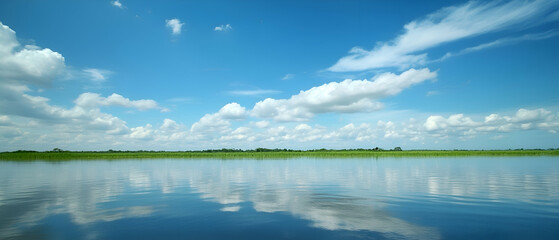 A serene landscape of a calm lake reflecting the blue sky and puffy white clouds.