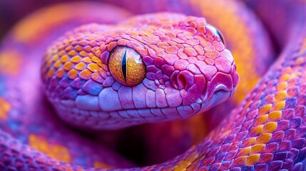 Fototapeta premium Close-up of a pink and orange snake with yellow eyes.