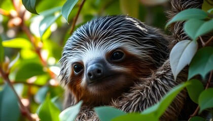 Naklejka premium Close-up photography of a sloth in a natural habitat, surrounded by vibrant foliage, capturing the intricate patterns of its fur and its slow, relaxed