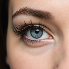 Obraz premium Close-up portrait of an alluring woman with a captivating blue eye and long lashes