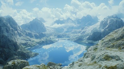 Obraz premium Mountain Lake with Stunning Reflection of Clouds.