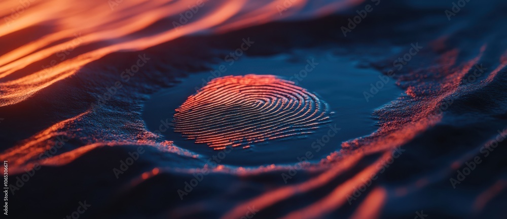 Poster glowing fingerprint pattern emerges from dark surface, illuminated by warm, ambient light, symbolizi