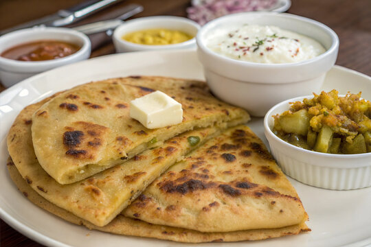 Aloo Paratha / Indian Potato stuffed Flatbread. Served with fresh curd and tomato ketchup.