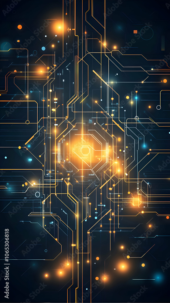 Aufkleber abstract digital technology background with glowing circuit board lines and a central glowing hexago