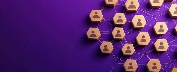 Wooden blocks with human icons connected by lines on purple background symbolize networking and communication