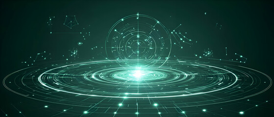 Abstract futuristic design with glowing neon rings and dots on a dark green background.