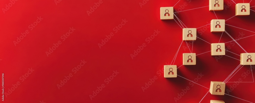 Poster wooden blocks connected with human icons on vibrant red background symbolize networking and communic