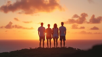 Fototapeta premium A group of four friends stands on a hilltop, silhouetted against a vibrant sunset over the ocean, capturing a moment of connection and tranquility.