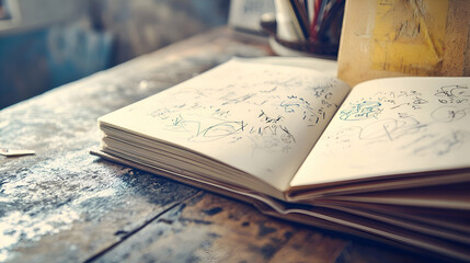 An open notebook with handwritten signatures and drawings on a rustic wooden table.
