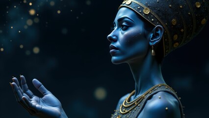 Profile of Nut, Egyptian goddess, with a focused and intense expression under a night sky, representing celestial authority