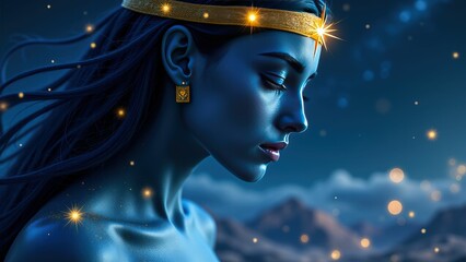 Nut, Egyptian goddess of the sky, with a calm and serene expression, adorned with a golden headband and sparkling stars