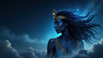 Nut, the Egyptian goddess, gazing into the distance with focus, crowned and adorned, embodying celestial power and wisdom