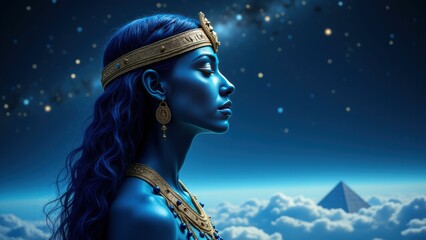 Profile of Nut, Egyptian goddess, with thoughtful expression under a starlit sky, representing contemplation and cosmic insight