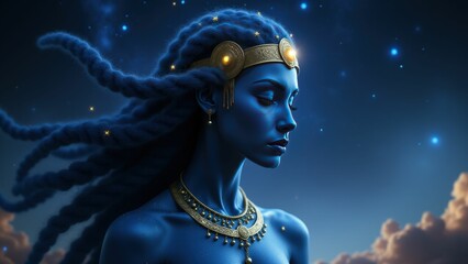 Nut with braided hair and golden adornments, gazing into the night sky, embodying strength and cosmic connection