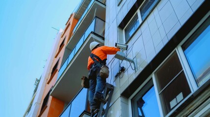 Man in orange jacket and hard hat installs security camera on tall building. Clear day, focused and deliberate action for surveillance.