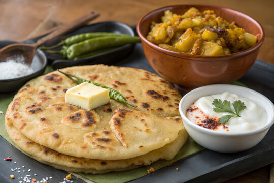 Aloo Paratha / Indian Potato stuffed Flatbread. Served with fresh curd and tomato ketchup.