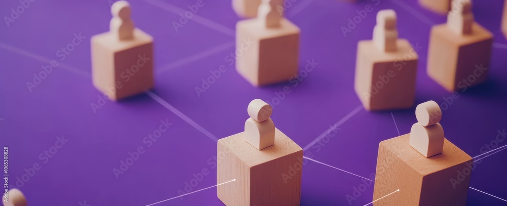 Poster wooden blocks with people icons connected by lines on purple background symbolize networking and com