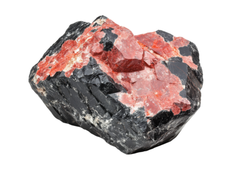 Bright red mineral with black matrix found in natural setting, transparent