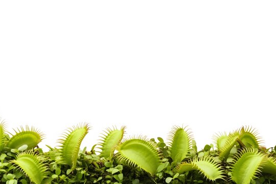 A captivating close-up of Venus flytrap leaves, their trap jaws open, ready to capture prey, with fine hairs visible along the edges. Clean background with ample copy space.