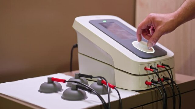 Close-up view of a professional therapy device with electrode pads and control interface. Concept of physiotherapy, rehabilitation, and electronic muscle stimulation equipment in use