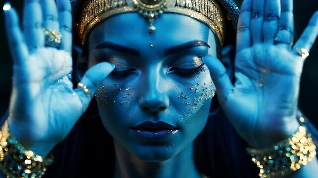 Nut, the Egyptian goddess, with closed eyes and peaceful expression, surrounded by stars, embodying tranquility and celestial harmony