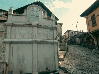 Plovdiv, Bulgaria - .Old city street view with colorful buildings and Ancient gate The Medieval part of the city