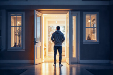 Fototapeta premium Man standing in illuminated doorway of modern smart home at dusk