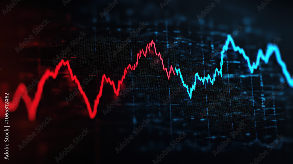 Poster a digital representation showing fluctuating graphs with red and blue lines, symbolizing data analys