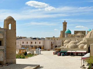 Bukhara, Uzbekistan Aerial view of Kalan Minaret Emir and Alim Khan madrasah of Po-i-Kalan -...