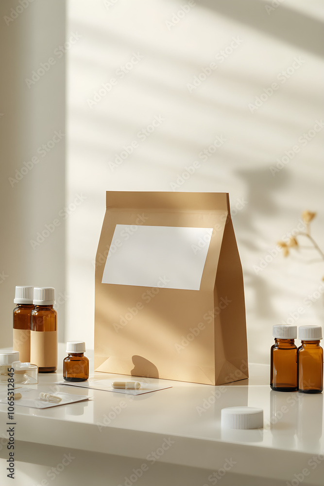 Poster a minimalist setting featuring a brown blank paper bag surrounded by various bottles and capsules ag