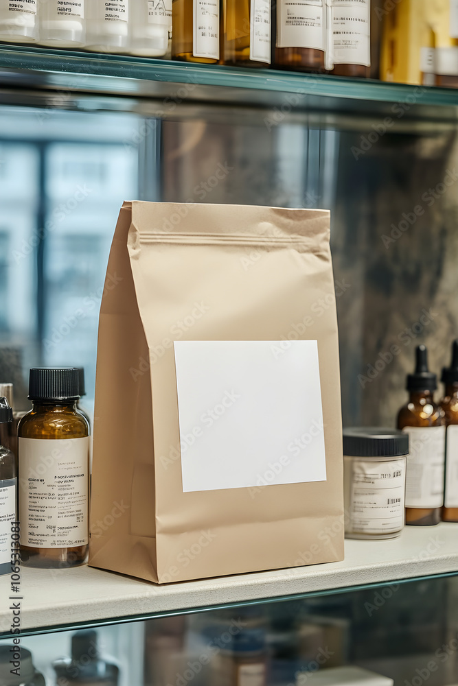Poster a minimalist paper bag stands against a backdrop of neatly arranged glass bottles in a stylish setti