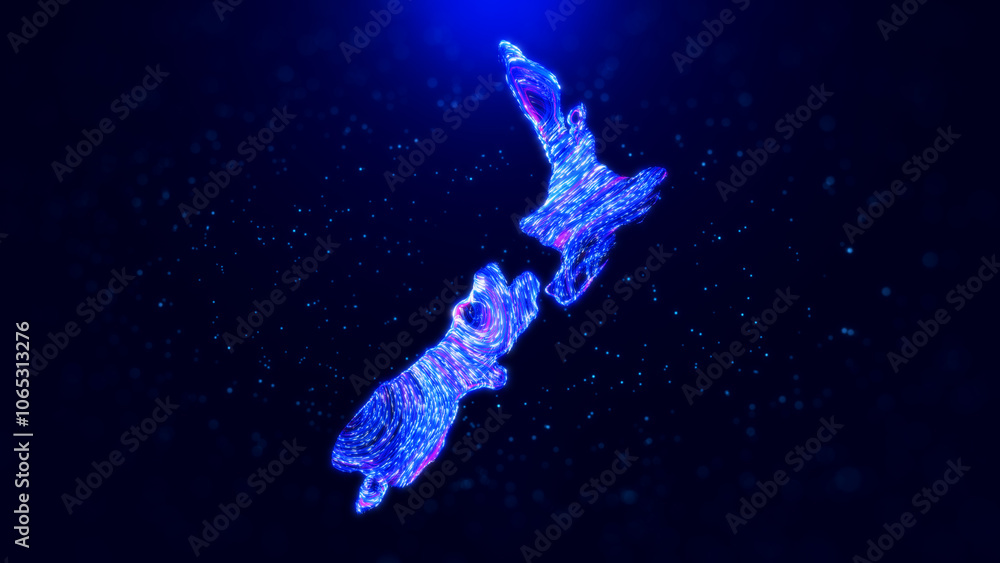Poster abstract new zealand map design, featuring glowing blue hairlines, dynamic flowing patterns, and sca