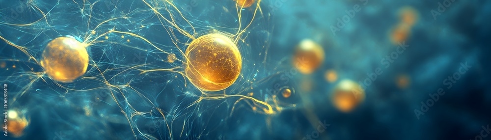 Poster abstract representation of a neural network with glowing spheres and interconnected lines