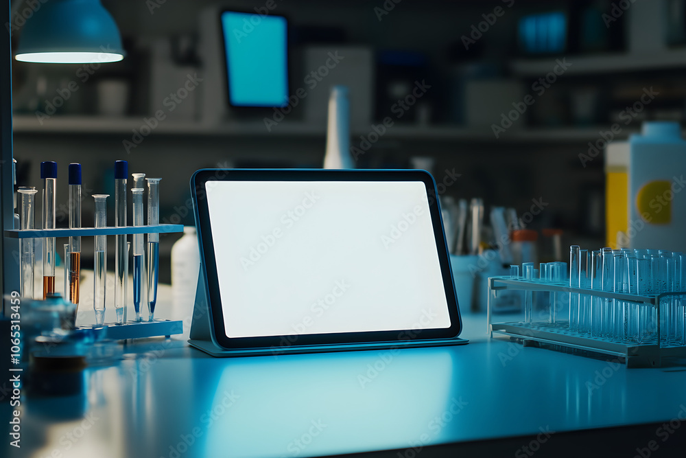 Poster minimalist photography of a tablet displaying a blank screen in a dimly lit laboratory surrounded by