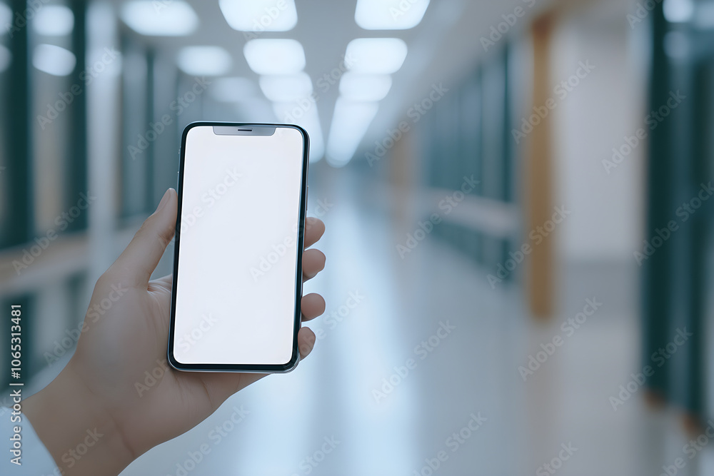 Poster minimalist photography of a smartphone held in a hand, featuring a blank screen and set in a softly 