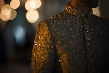 Elegant details of a traditional South Asian outfit, focusing on intricate embroidery and shimmering embellishments against a blurred background of warm lights