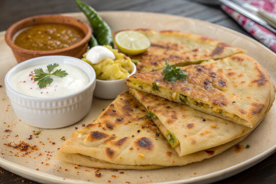 Aloo Paratha / Indian Potato stuffed Flatbread. Served with fresh curd and tomato ketchup.