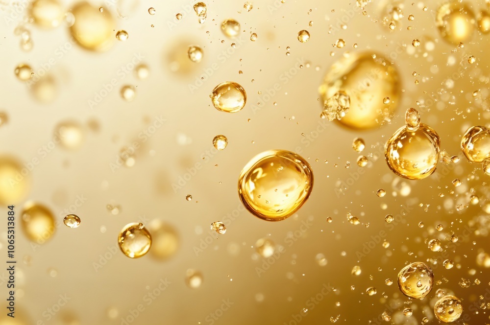 Poster close up of golden bubbles floating against a soft, blurred background