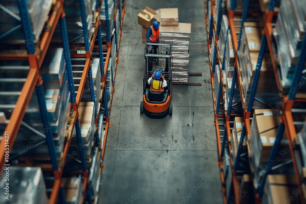 Poster in an industrial storage facility, a warehouse logistics team is seen from an overhead view using a 