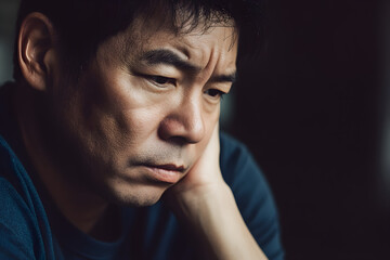 Obraz premium A thoughtful asian man gazes out of focus, lost in contemplation with a serious expression under soft natural light