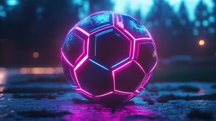 Naklejka premium Futuristic soccer ball illuminated with neon pink and blue lights