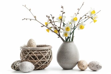 Daffodils in a vase on the table, Easter decorations and eggs, Easter background