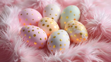 Easter eggs with gold dots on pink fur, Easter background