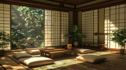 Fototapeta premium Elegant Japanese-style living room with low seating and shoji screens, conveying minimalist luxury in a natural setting.