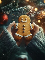 Hands holding a gingerbread man, Christmas decorations around, Christmas background
