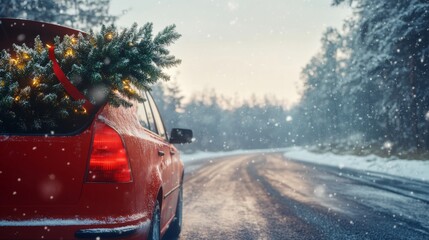Christmas tree in the open trunk of a car on a snowy road, Merry Christmas and Happy New Year