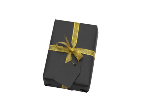 Black gift box with gold ribbon isolated on white background. Black Friday concept