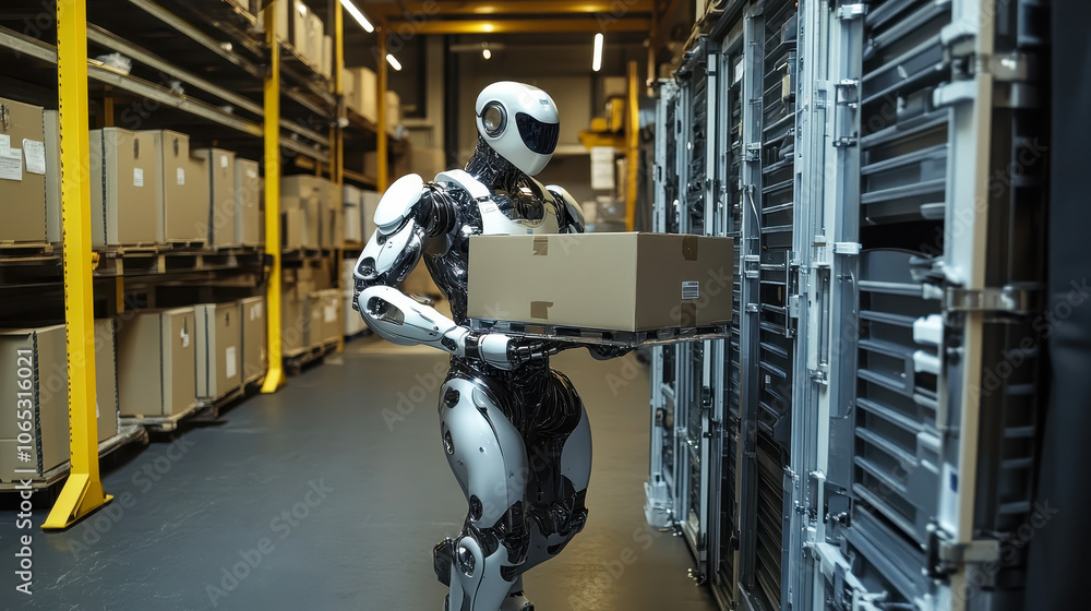Aufkleber advanced humanoid robot assisting with cargo loading in industrial warehouse setting